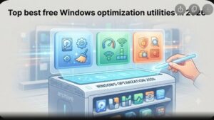 Современная иллюстрация с иконками инструментов для оптимизации Windows на светлом технологичном фоне